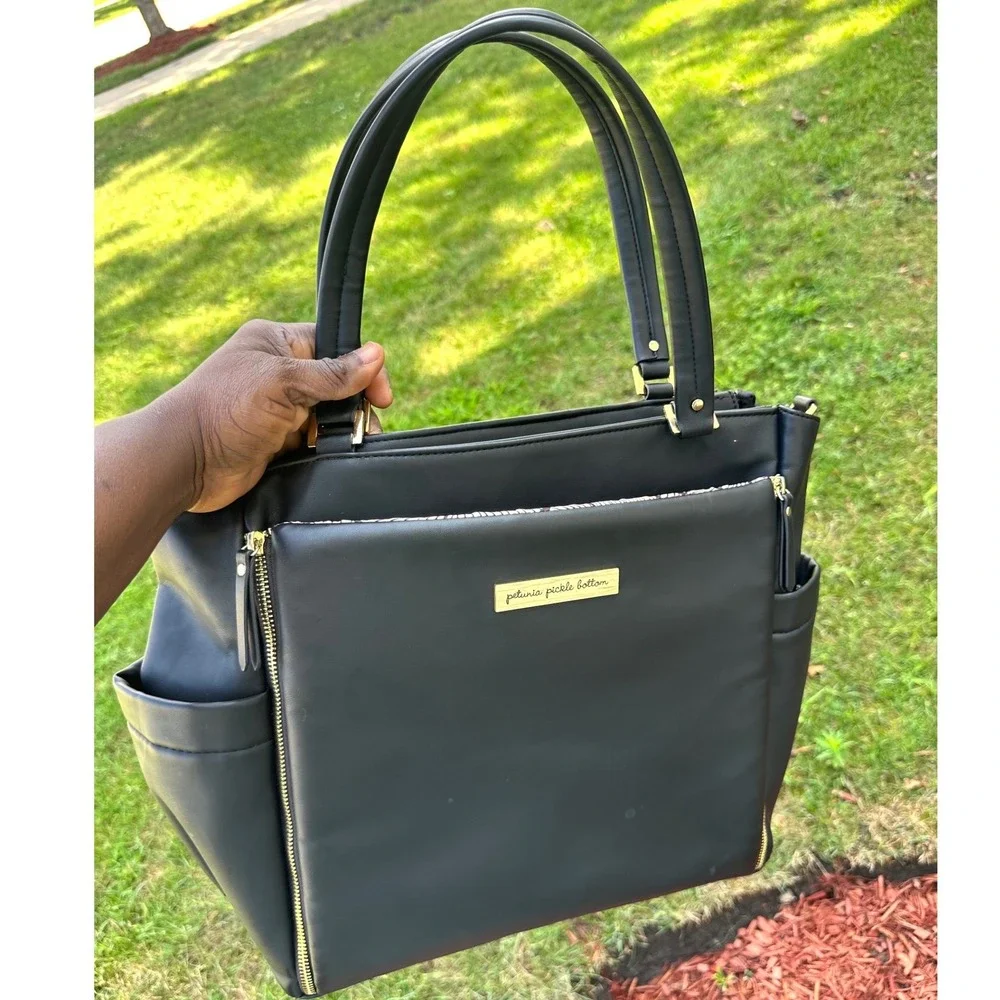 Petunia Pickle Bottom City Carryall Tote Black Faux Leather Diaper Bag